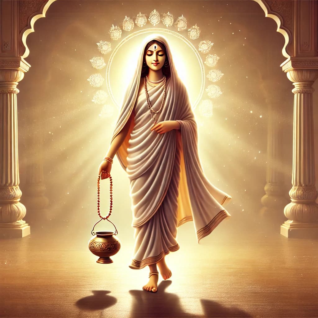 Maa Brahmacharini, reflecting her serene and ascetic form, with the japmala in her right hand and the kamandalu in her left hand. The divine aura symbolizes tranquillity and spiritual awakening.