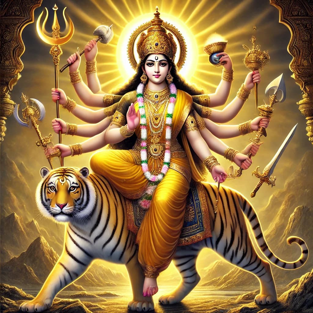 Goddess Chandraghanta (third form of goddess Durga), the fierce and protective warrior goddess, radiates strength and grace as she rides her tiger with divine power.