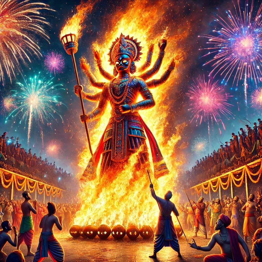 Dashami: Dusshera | Vijayadashami 2024: Burning of Ravana during Dussehra, capturing the vibrant celebration and fiery scene. Marking the Triumph of Good Over Evil