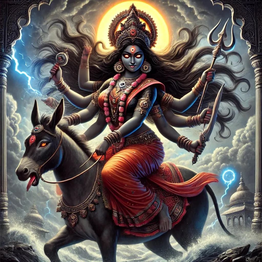 Navratri Day 7: Maa Kalaratri, symbolises her spiritual and cosmic power based on the description you provided. The imagery reflects her dark complexion, fiery eyes, sword, iron hook, unkempt hair, and other significant elements of her divine form.