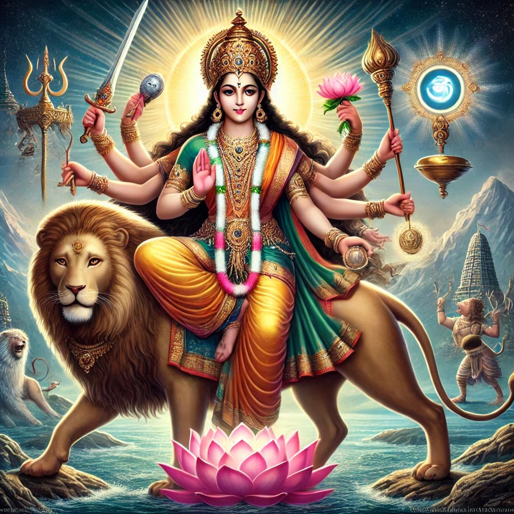 Maa Katyayani is often depicted riding a lion, wielding a sword, and displaying the Abhaya Mudra (gesture of fearlessness). The sword in her hand symbolizes knowledge and strength, while the lion represents her mastery over fear and her role as the destroyer of evil forces.