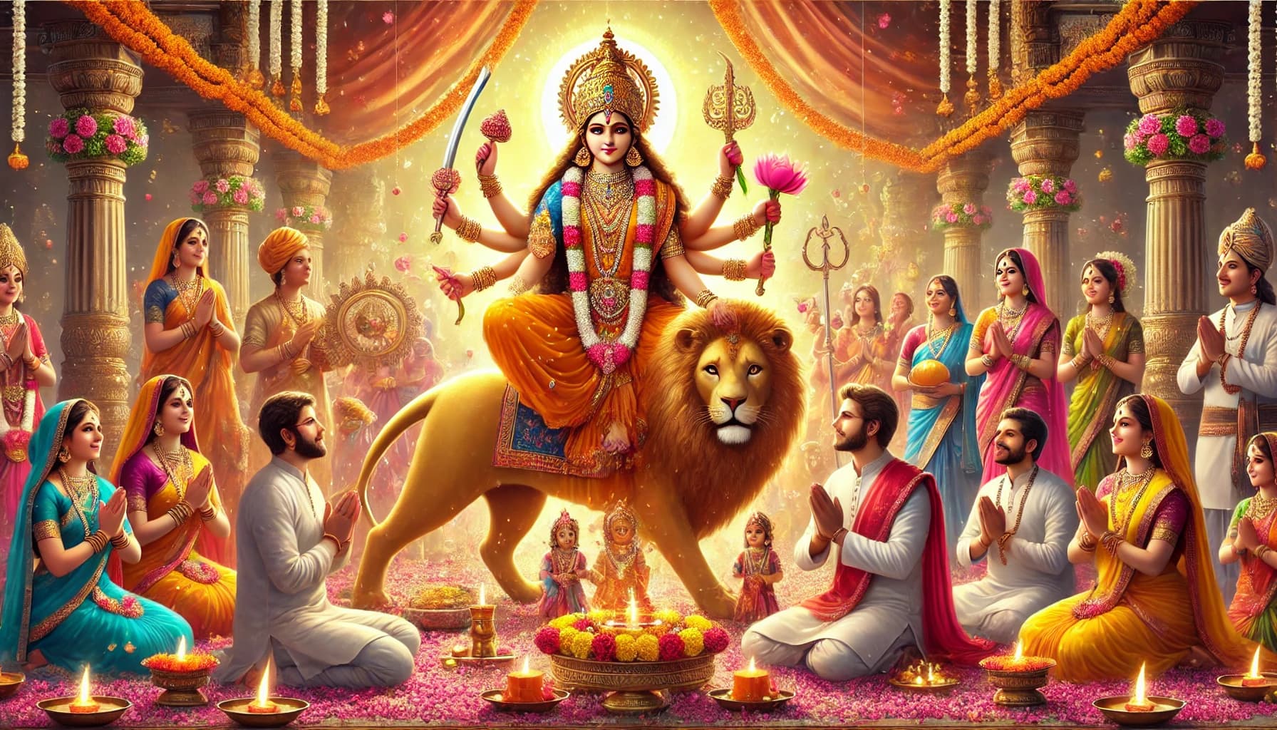 Depicting a vibrant Navratri celebration where devotees are worshipping Maa Katyayani. The scene captures the essence of devotion and festivity as people perform rituals and prayers.