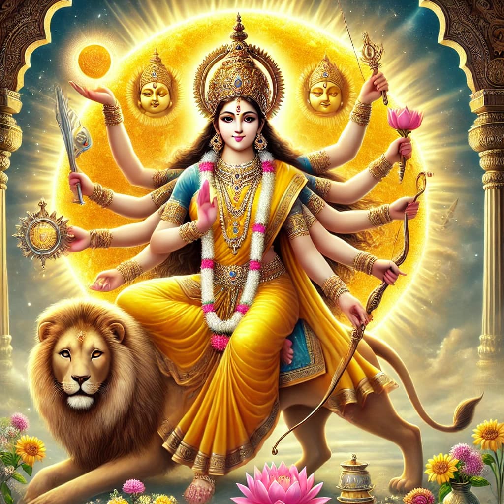 Maa Kushmanda, the embodiment of creation and cosmic energy, seated on a lion and radiating warmth and divine blessings, bringing peace and prosperity to her devotees.