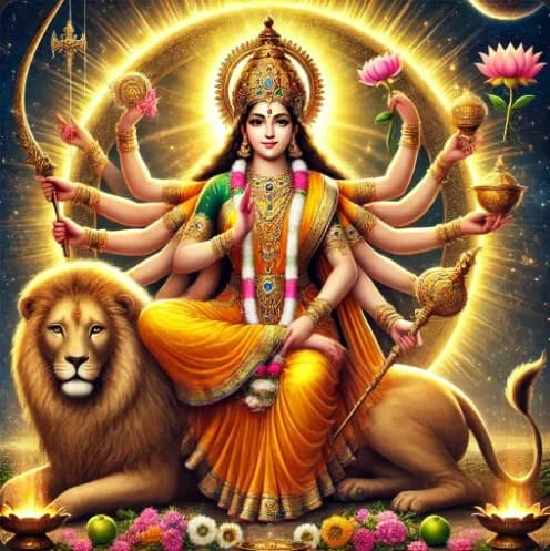 Maa Kushmanda, the fourth form of Goddess Durga, resides in the core of the Sun and radiates energy, empowering the entire universe. She is portrayed as having eight arms, holding a Kamandal, bow,  arrow, lotus, pot of nectar, mace, and discus, and riding a lion.