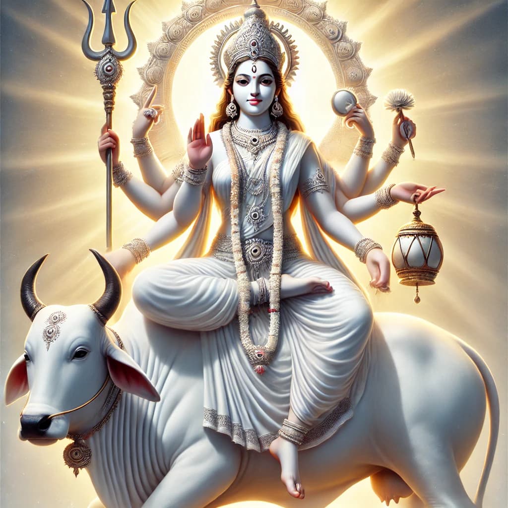 Navratri Day 8 Goddess: Maa Mahagauri is depicted seated on a bull, dressed in white attire. Her glowing complexion symbolizes the Sattva Guna, the quality of purity and knowledge in Hindu philosophy.