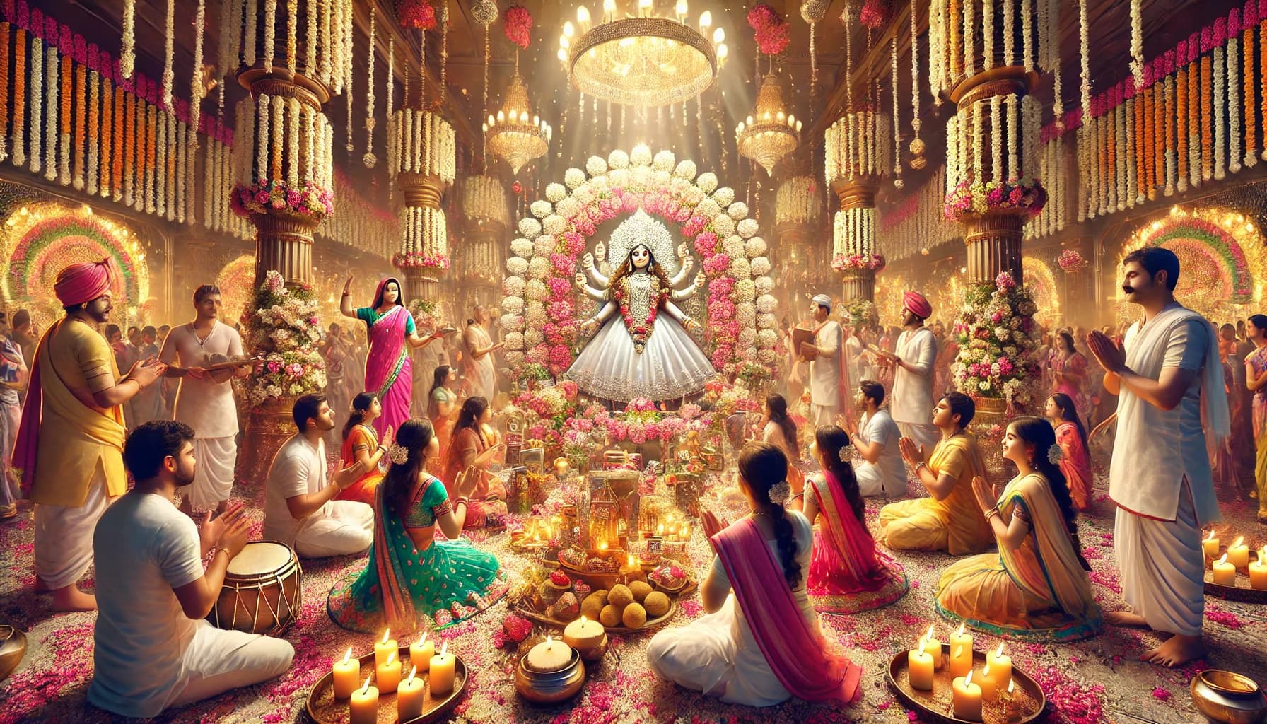 Navratri Day 8 Goddess: Maa Mahagauri's auspicious image depicts people celebrating Navratri while worshipping Maa Mahagauri in a festive and spiritual atmosphere.