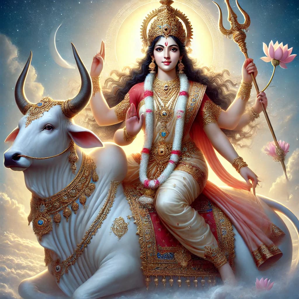 Maa Shailputri is also known as the daughter of the mountains. Holding a trident symbolizing power and a lotus representing purity. Riding the bull Nandi, she reflects patience, strength, and divine protection, embodying calmness and nurturing energy.