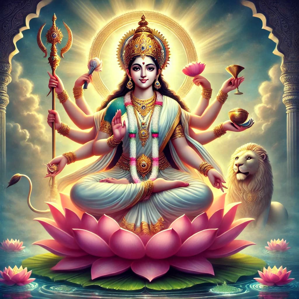 Navratri Day 9 Goddess: Maa Siddhidatri. It reflects her serene yet powerful presence, seated on a lotus with symbolic elements like the lotus, mace, Sudarshan Chakra, conch, and the lion nearby.