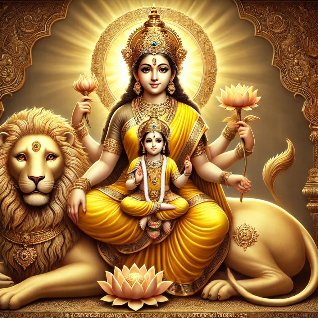 This divine form of Goddess Durga Maa Skandmata is seated on a lion, symbolizing courage and strength, with her son Skanda sitting on her lap, reflecting her dual nature as both a nurturing mother and a fierce protector.