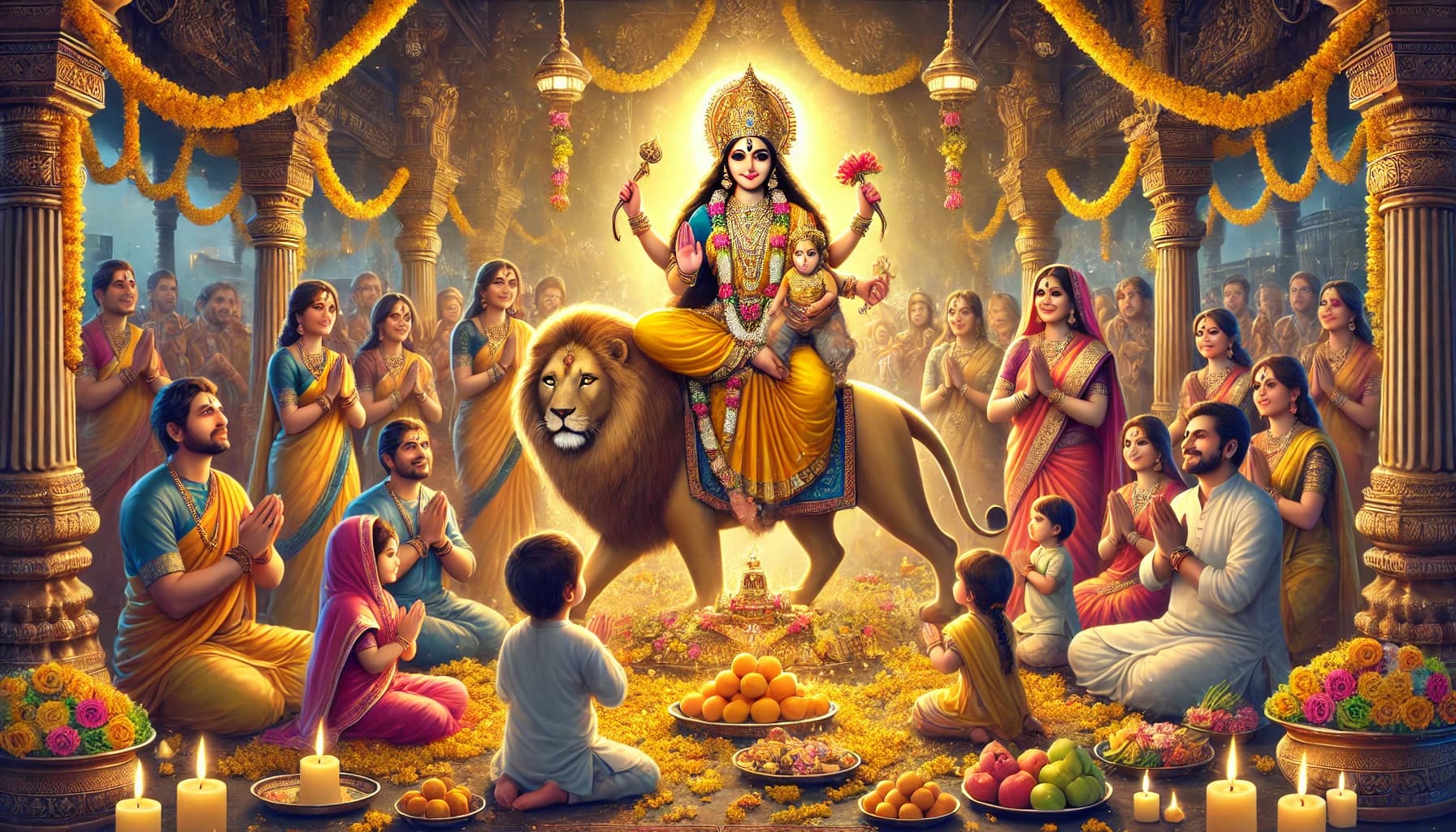 A divine scene depicting Goddess Maa Skandmata seated on a lion, holding her son Lord Skanda on her lap, surrounded by families and devotees worshipping her.